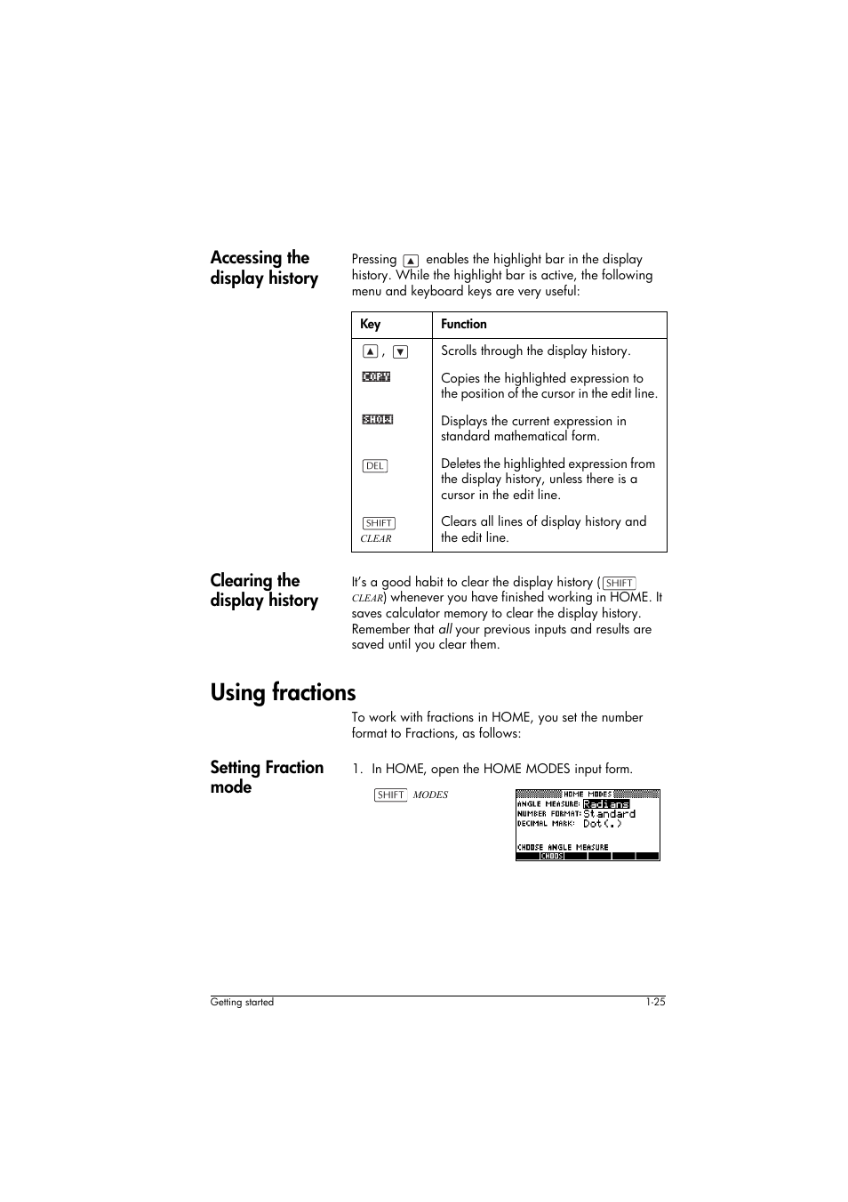 Accessing the display history, Function, Clearing the display history | Using fractions, Setting fraction mode | HP 39g+ User Manual | Page 35 / 294