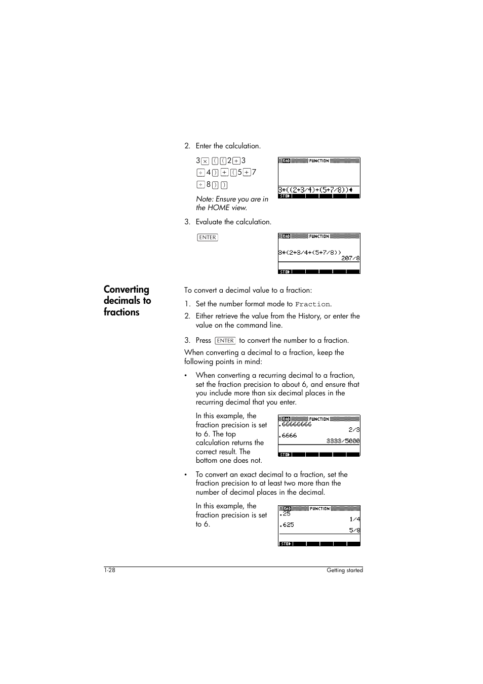 Converting decimals to fractions | HP 39g+ User Manual | Page 38 / 294