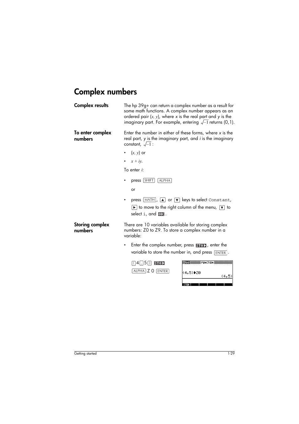 Complex numbers, Complex results, To enter complex numbers | Storing complex numbers | HP 39g+ User Manual | Page 39 / 294