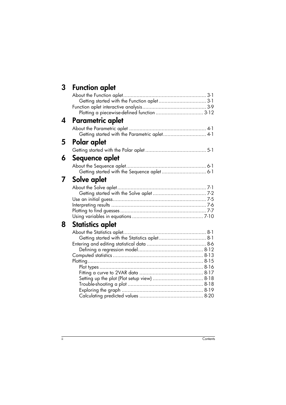 3 function aplet, 4 parametric aplet, 5 polar aplet | 6 sequence aplet, 7 solve aplet, 8 statistics aplet | HP 39g+ User Manual | Page 4 / 294