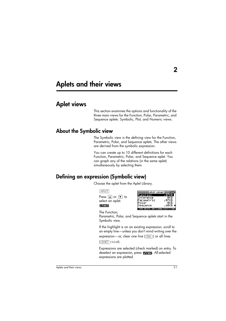 Aplet views, About the symbolic view, Defining an expression (symbolic view) | 2aplets and their views | HP 39g+ User Manual | Page 41 / 294