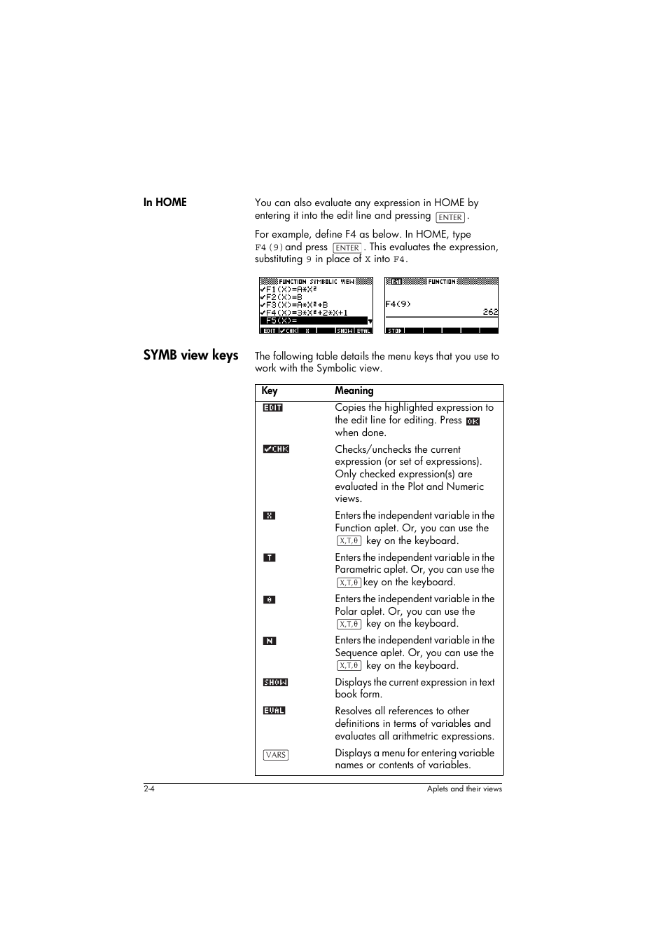 In home, Symb view keys, Meaning | HP 39g+ User Manual | Page 44 / 294