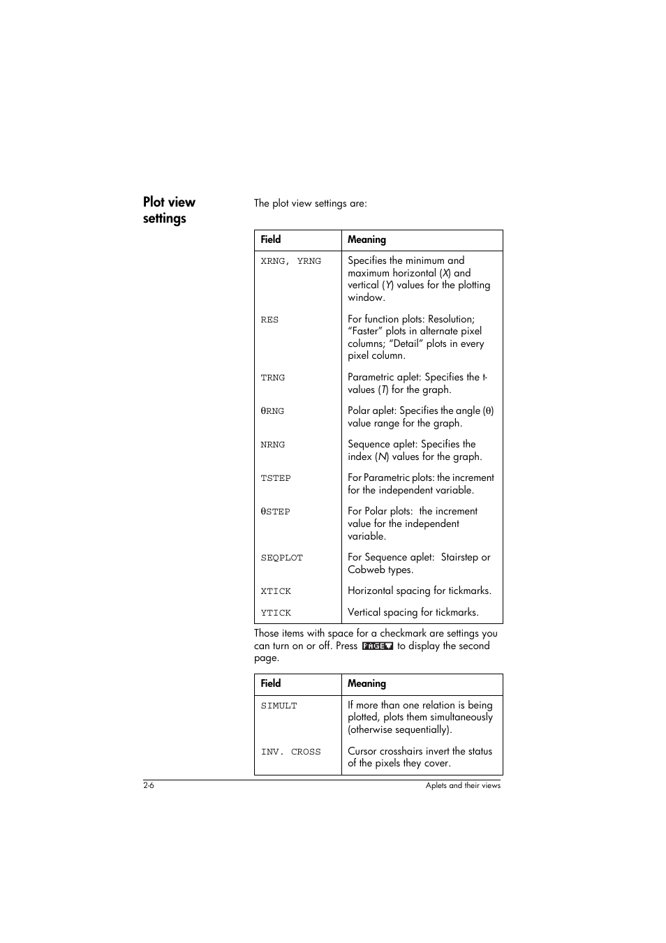 Plot view settings, Field, Meaning | HP 39g+ User Manual | Page 46 / 294