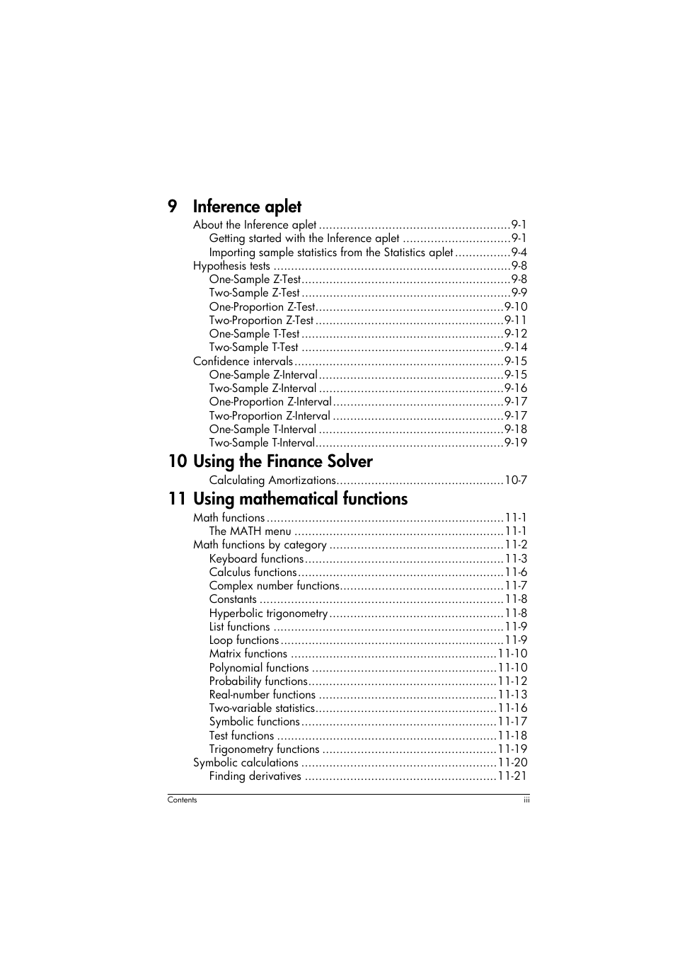 9 inference aplet, 10 using the finance solver, 11 using mathematical functions | HP 39g+ User Manual | Page 5 / 294