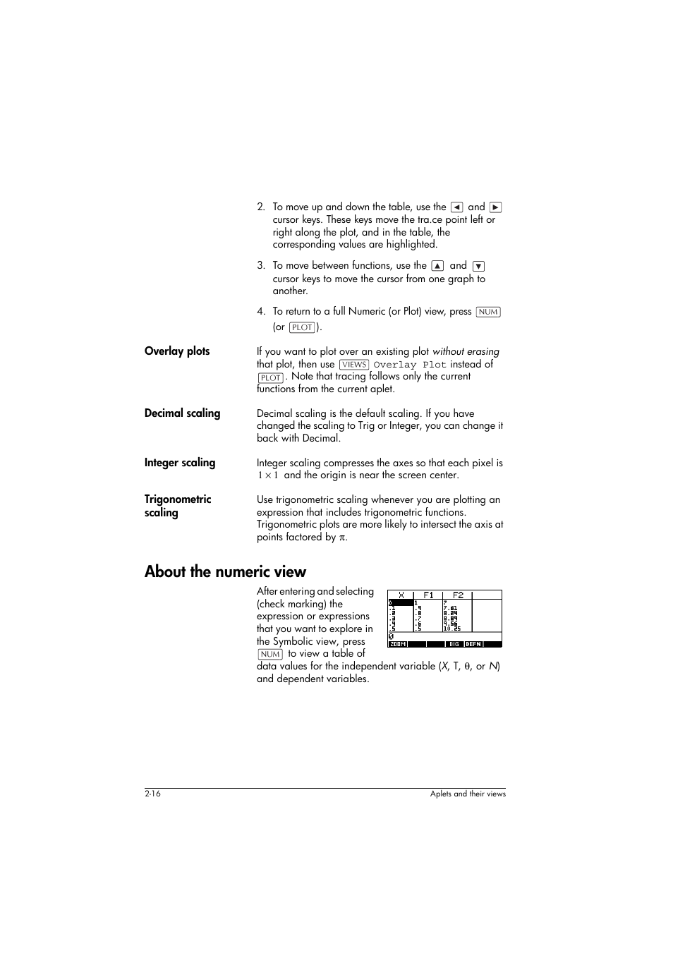Overlay plots, Decimal scaling, Integer scaling | Trigonometric scaling, About the numeric view | HP 39g+ User Manual | Page 56 / 294