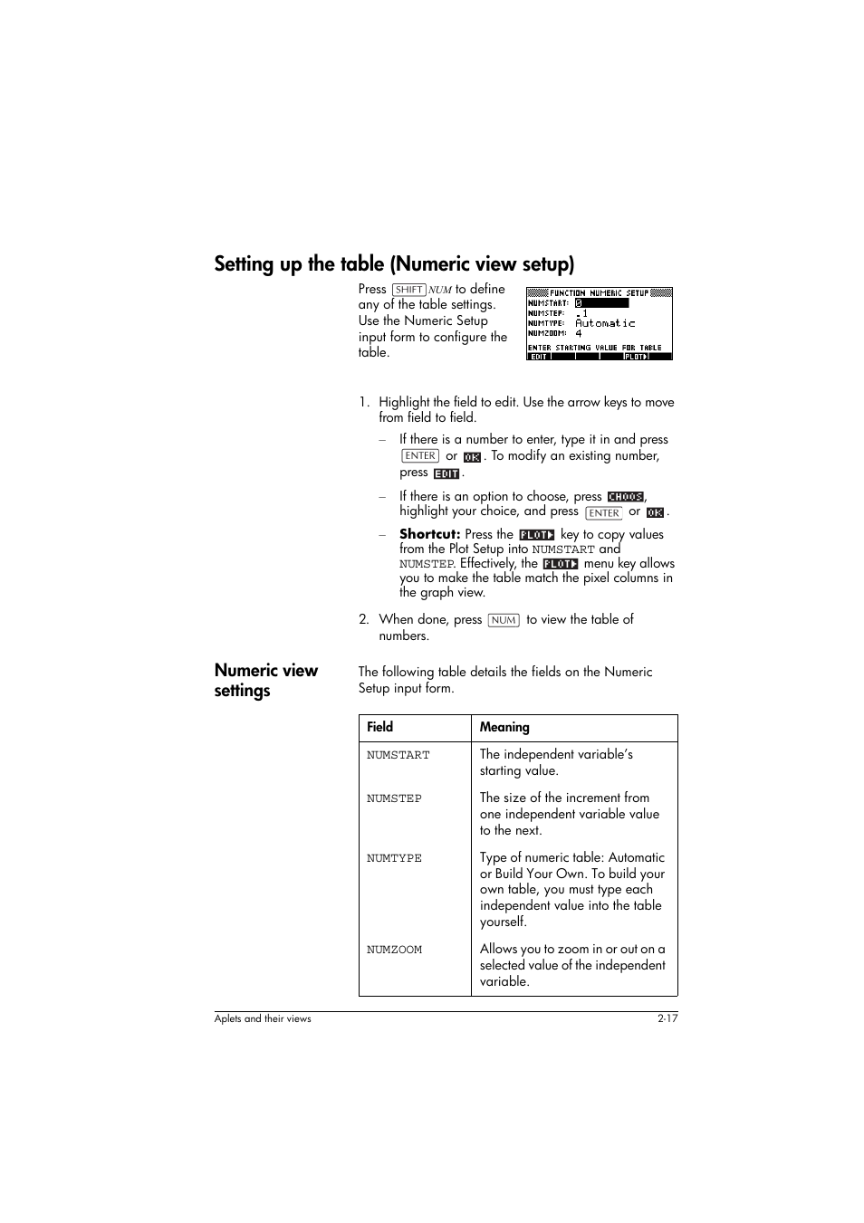 Setting up the table (numeric view setup), Numeric view settings, Field | Meaning | HP 39g+ User Manual | Page 57 / 294