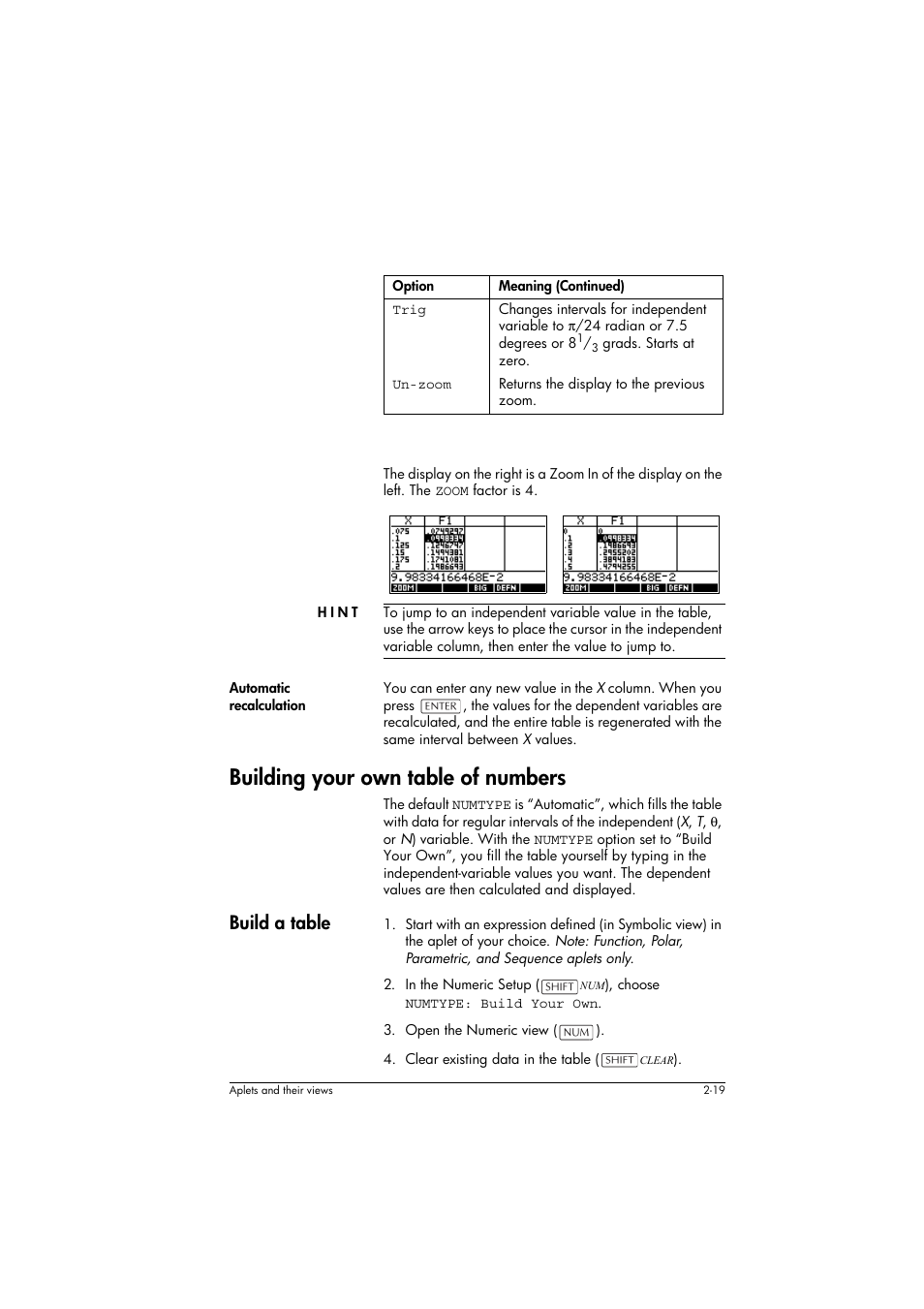 Hint, Automatic recalculation, Building your own table of numbers | Build a table | HP 39g+ User Manual | Page 59 / 294