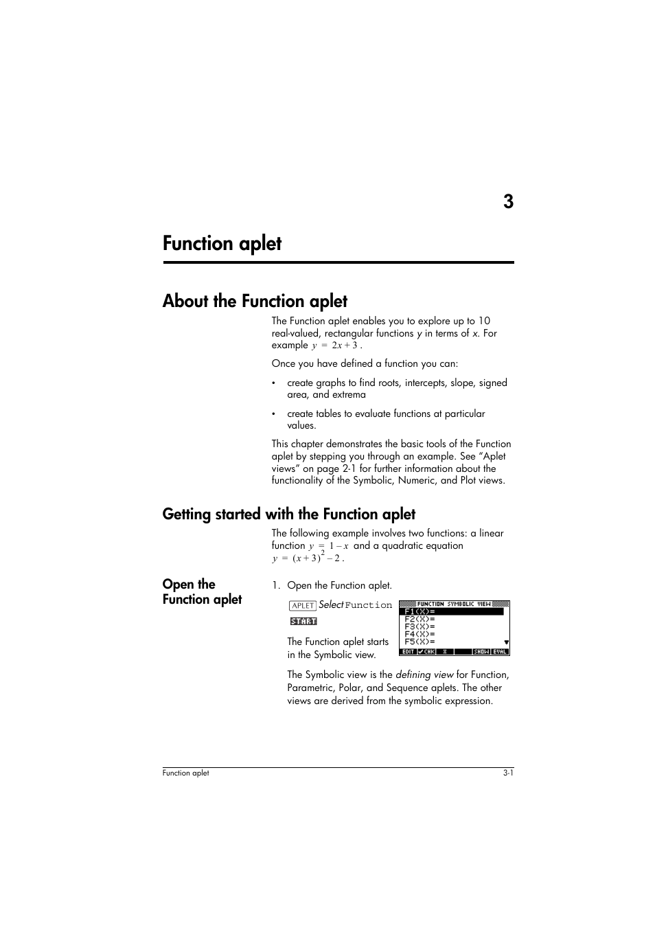 About the function aplet, Getting started with the function aplet, Open the function aplet | 3function aplet | HP 39g+ User Manual | Page 63 / 294