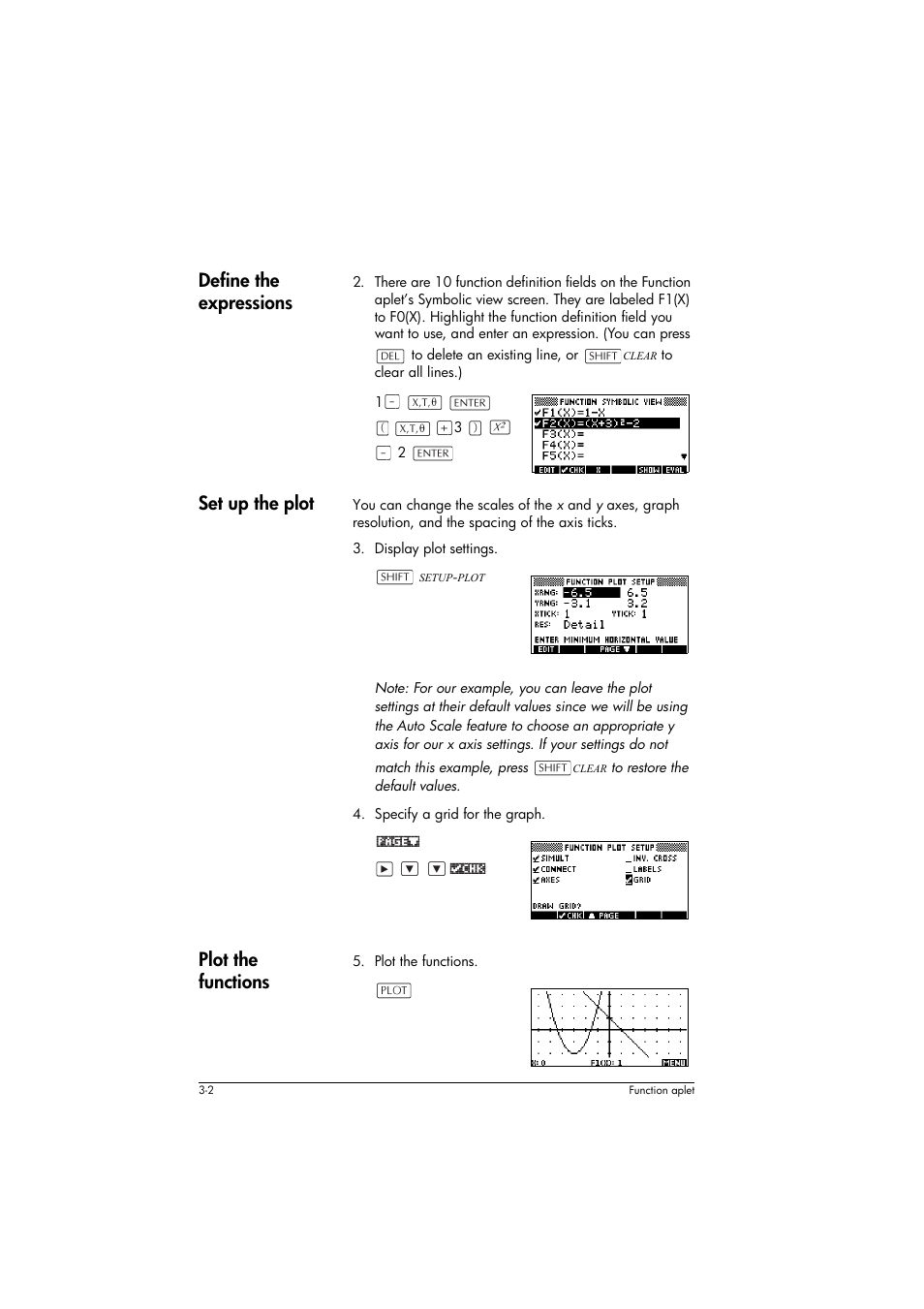 Define the expressions, Set up the plot, Plot the functions | HP 39g+ User Manual | Page 64 / 294