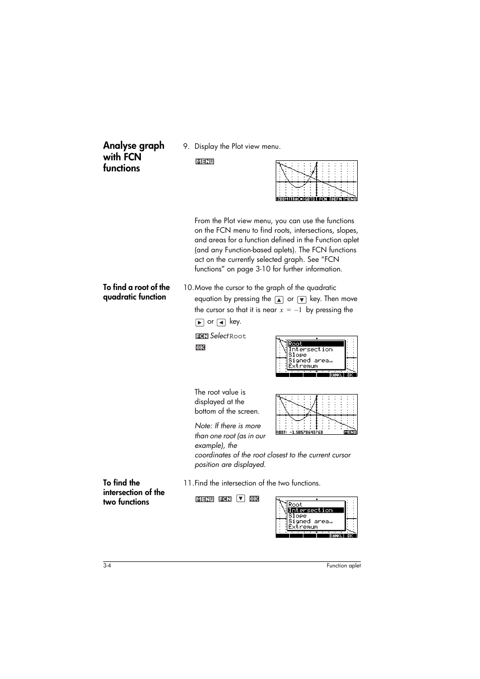 Analyse graph with fcn functions, To find a root of the quadratic function, To find the intersection of the two functions | HP 39g+ User Manual | Page 66 / 294