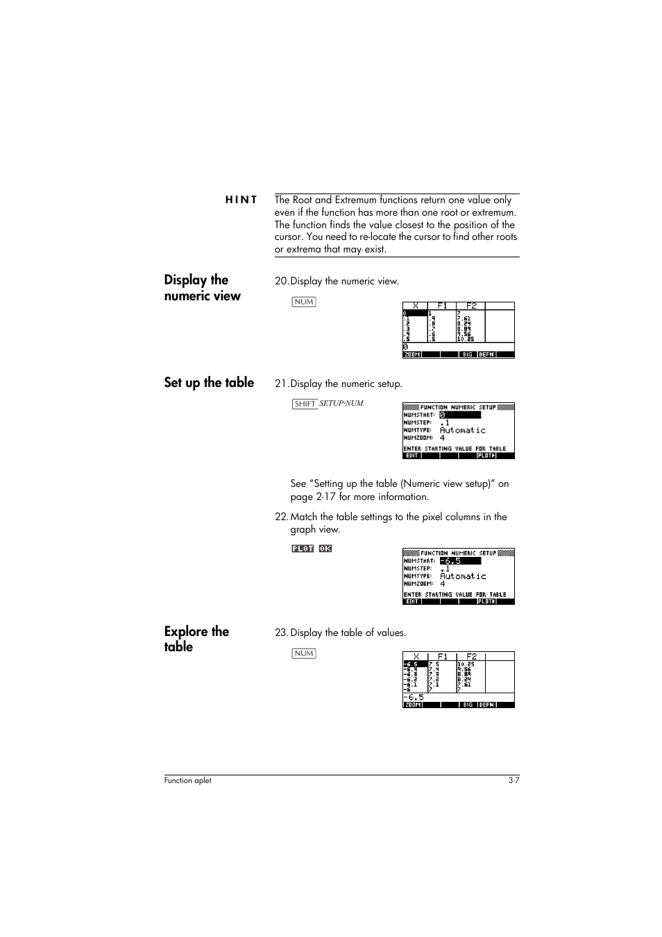 Hint, Display the numeric view, Set up the table | Explore the table | HP 39g+ User Manual | Page 69 / 294