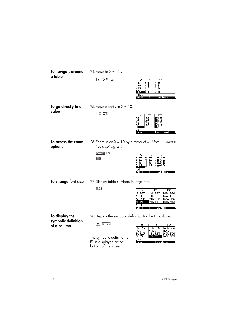 To navigate around a table, To go directly to a value, To access the zoom options | To change font size, To display the symbolic definition of a column | HP 39g+ User Manual | Page 70 / 294