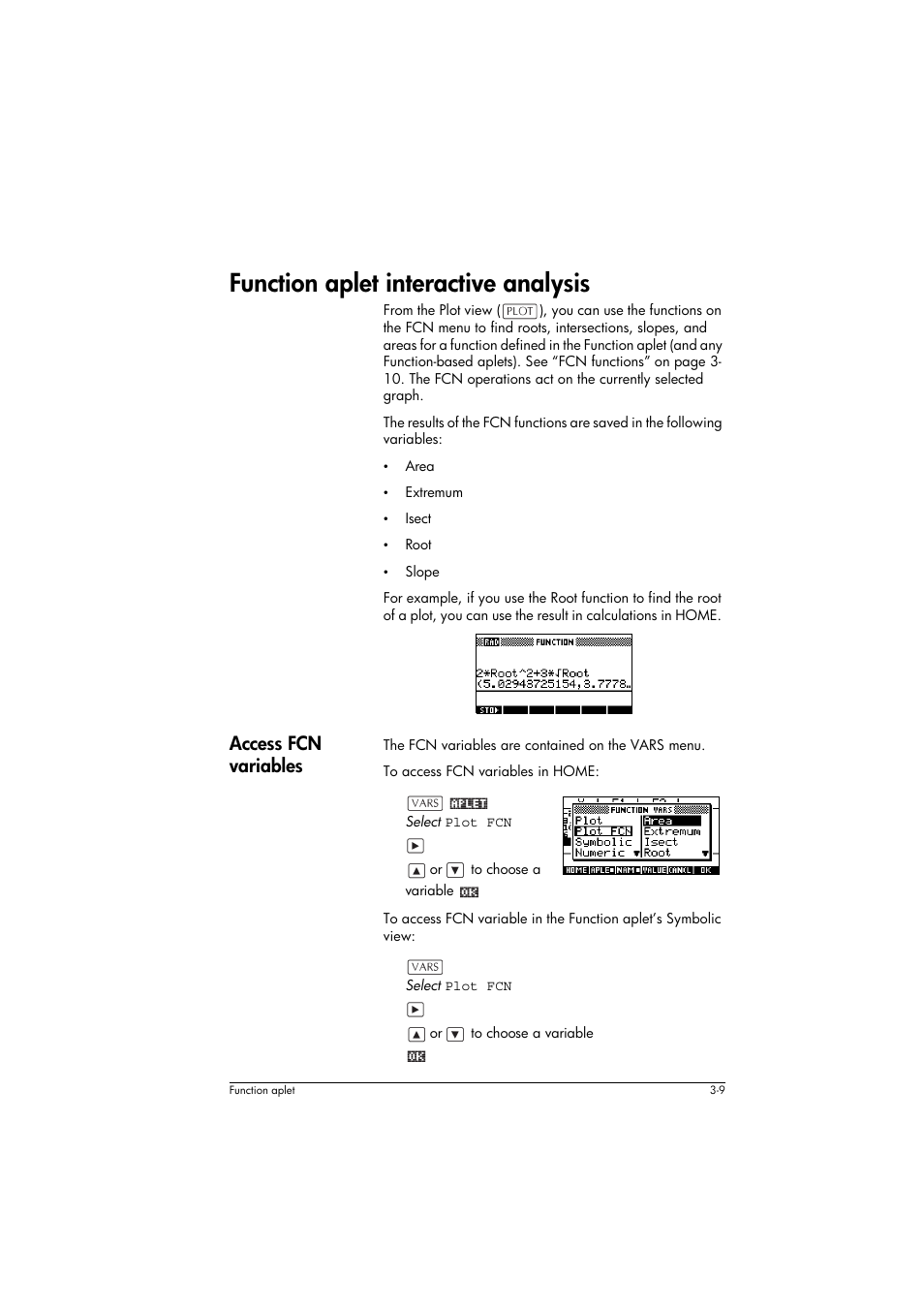 Function aplet interactive analysis, Access fcn variables | HP 39g+ User Manual | Page 71 / 294