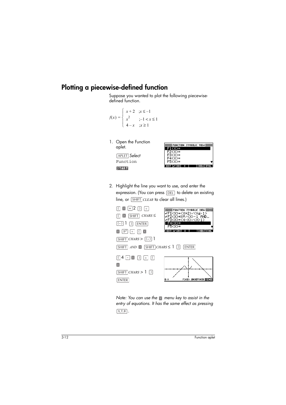 Plotting a piecewise-defined function | HP 39g+ User Manual | Page 74 / 294