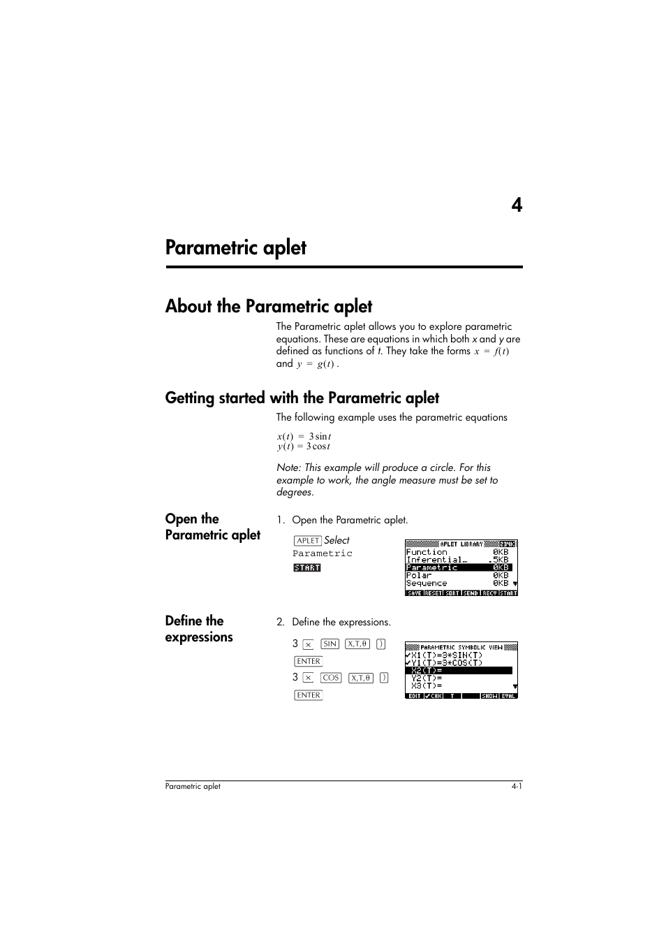 About the parametric aplet, Getting started with the parametric aplet, Open the parametric aplet | Define the expressions, 4parametric aplet | HP 39g+ User Manual | Page 75 / 294