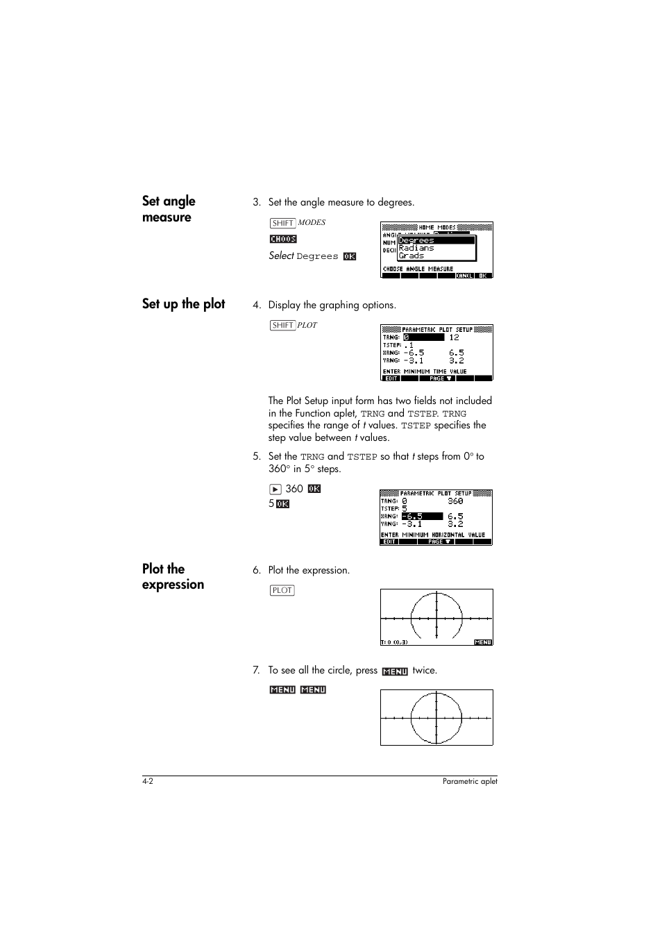 Set angle measure, Set up the plot, Plot the expression | HP 39g+ User Manual | Page 76 / 294