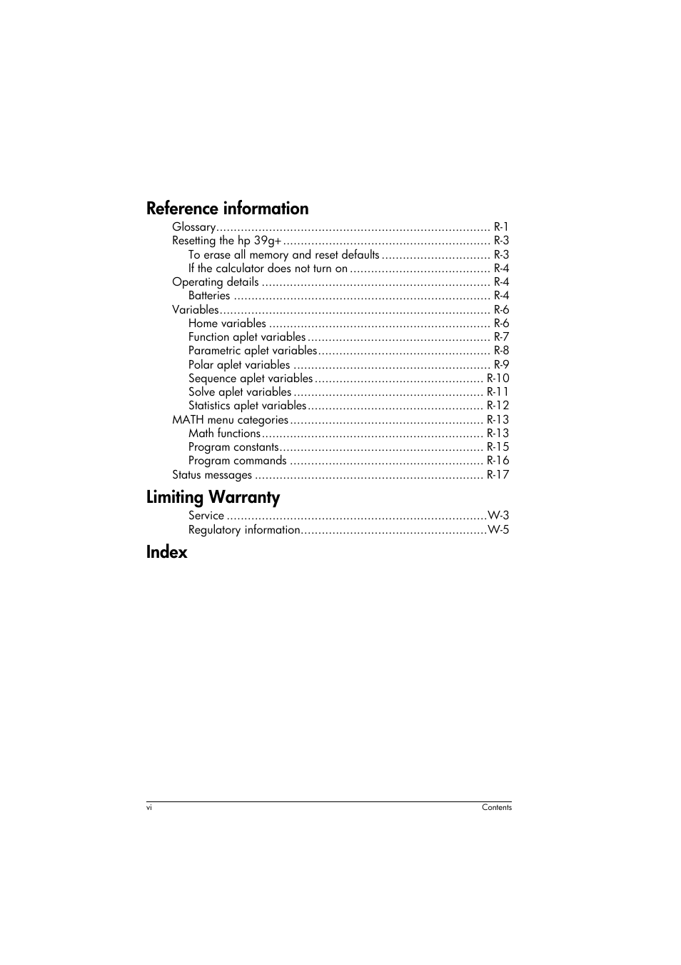 Reference information, Limiting warranty, Index | HP 39g+ User Manual | Page 8 / 294