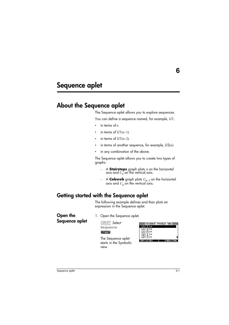 About the sequence aplet, Getting started with the sequence aplet, Open the sequence aplet | 6sequence aplet | HP 39g+ User Manual | Page 81 / 294