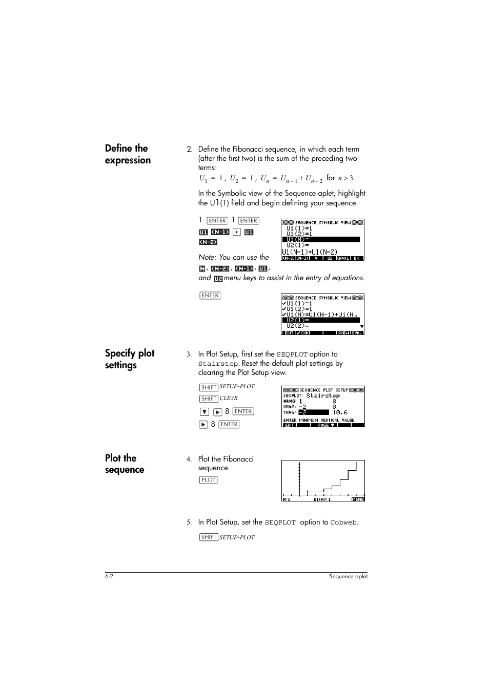 Define the expression, Specify plot settings, Plot the sequence | HP 39g+ User Manual | Page 82 / 294