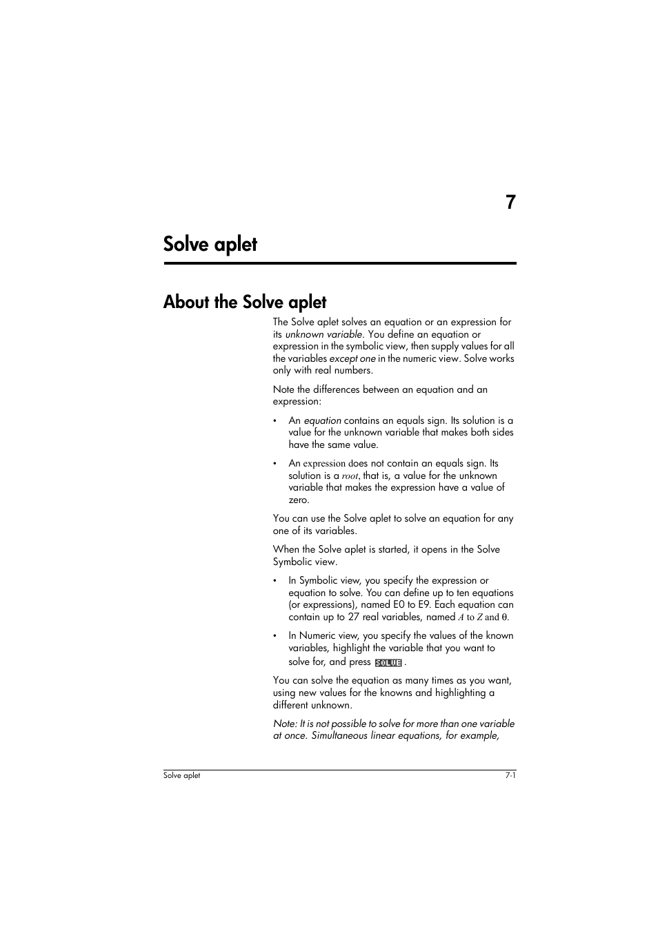 About the solve aplet, 7solve aplet | HP 39g+ User Manual | Page 85 / 294