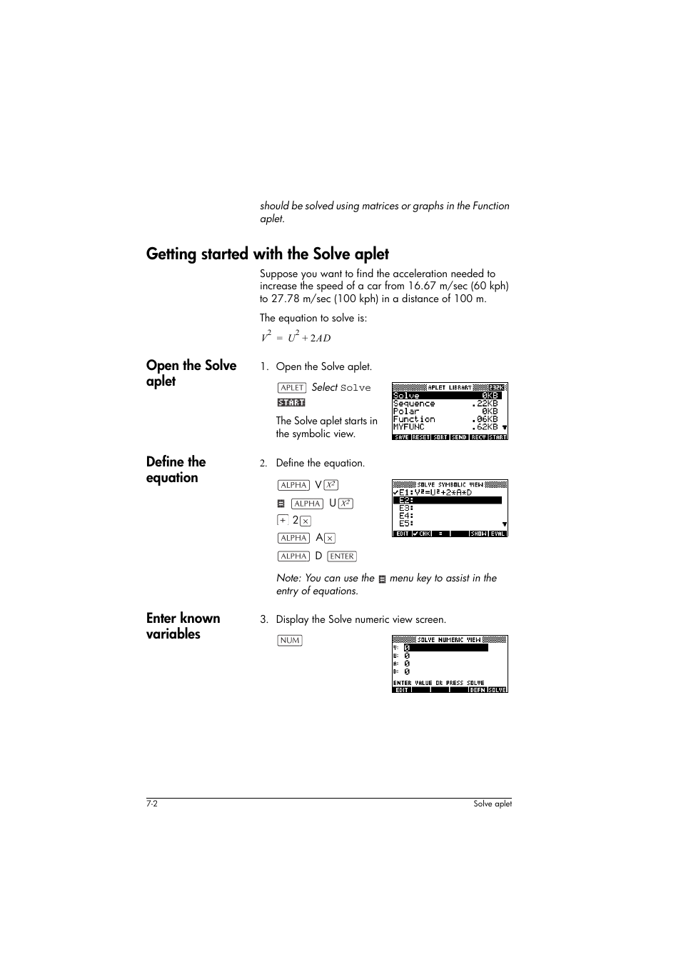 Getting started with the solve aplet, Open the solve aplet, Define the equation | Enter known variables | HP 39g+ User Manual | Page 86 / 294