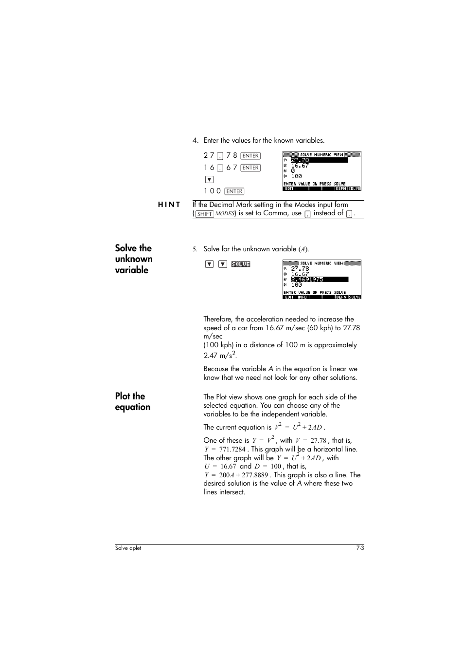 Hint, Solve the unknown variable, Plot the equation | HP 39g+ User Manual | Page 87 / 294