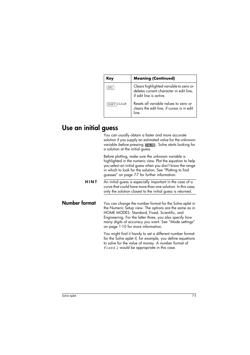 Use an initial guess, Hint, Number format | HP 39g+ User Manual | Page 89 / 294