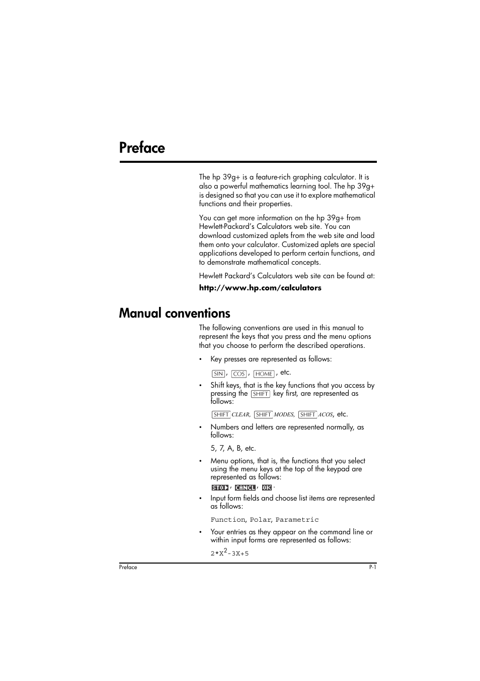 Manual conventions, Preface | HP 39g+ User Manual | Page 9 / 294