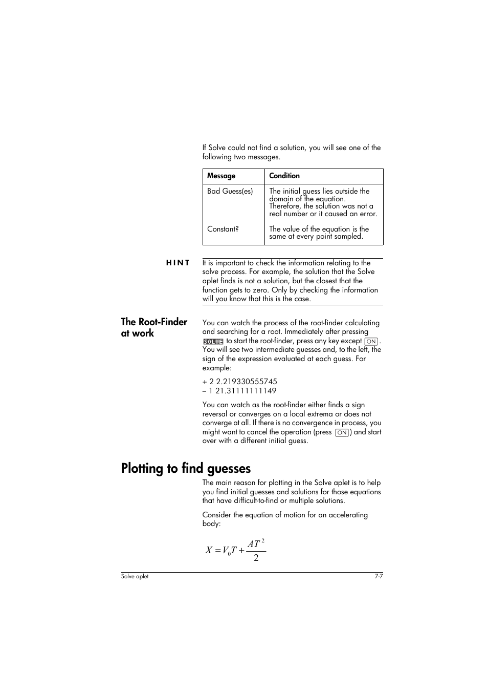 Hint, The root-finder at work, Plotting to find guesses | At t v x | HP 39g+ User Manual | Page 91 / 294