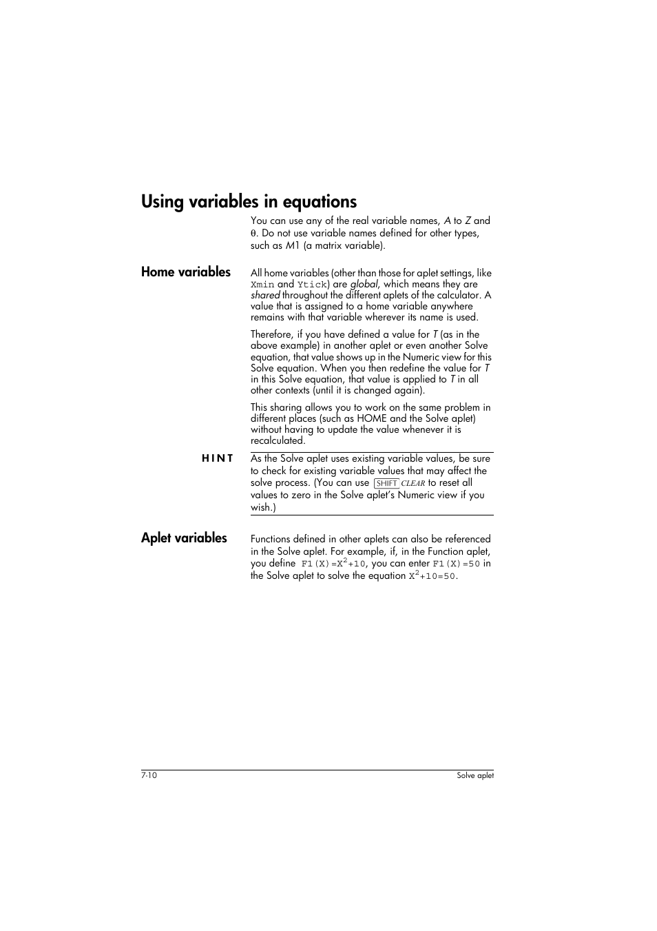 Using variables in equations, Home variables, Hint | Aplet variables | HP 39g+ User Manual | Page 94 / 294