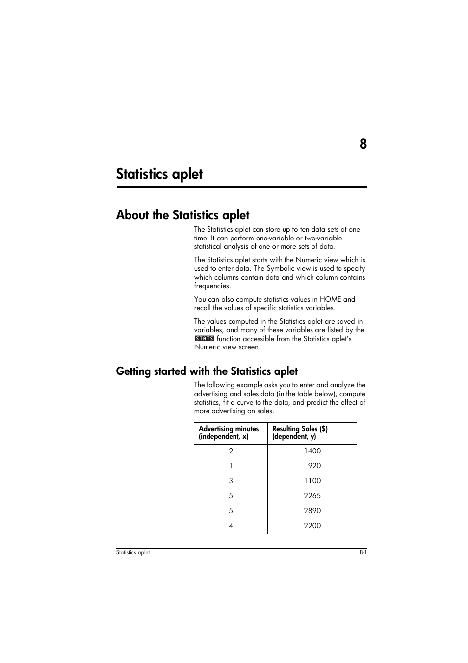 About the statistics aplet, Getting started with the statistics aplet, Advertising minutes (independent, x) | Resulting sales ($) (dependent, y), 8statistics aplet | HP 39g+ User Manual | Page 95 / 294