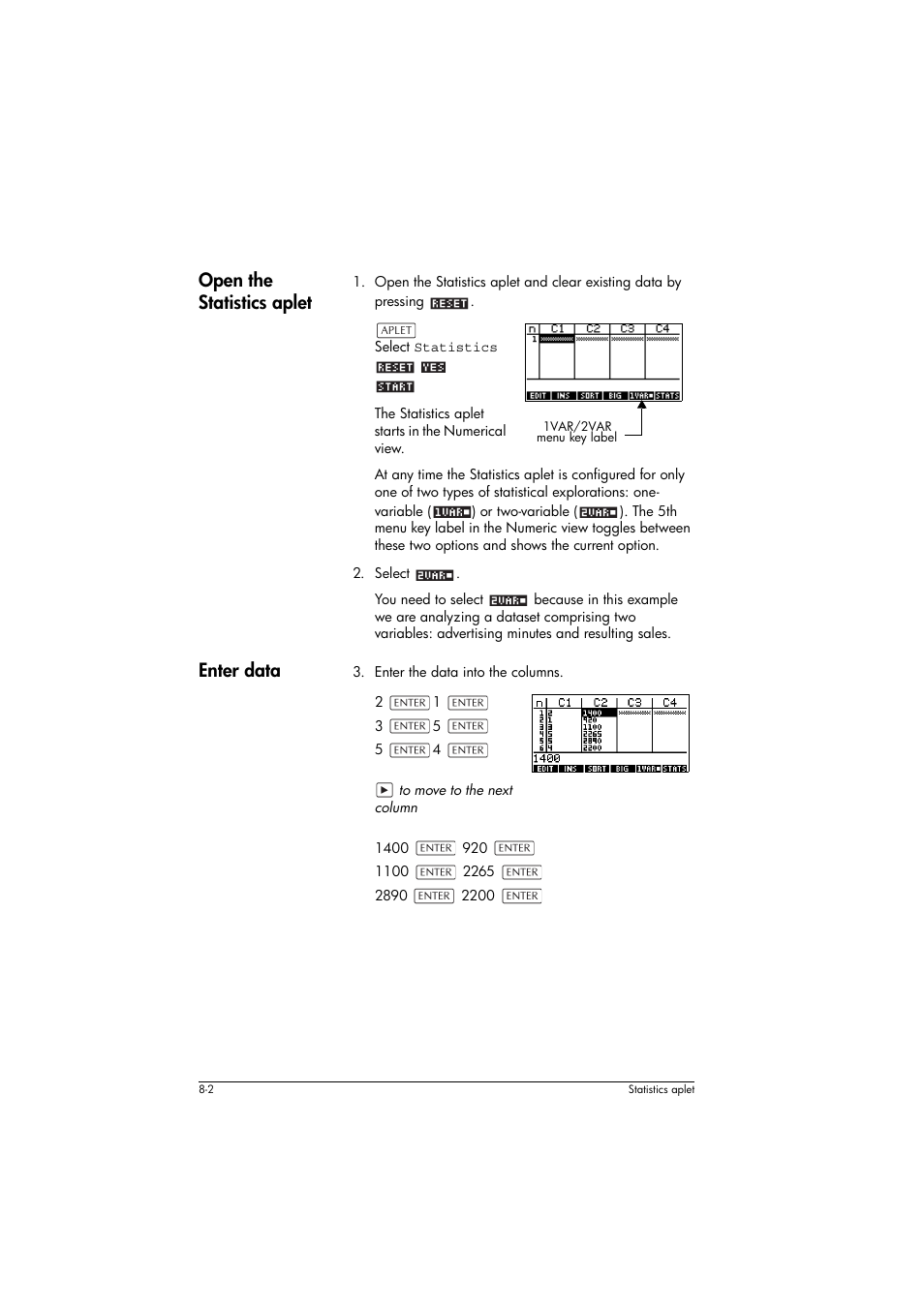 Open the statistics aplet, Enter data | HP 39g+ User Manual | Page 96 / 294