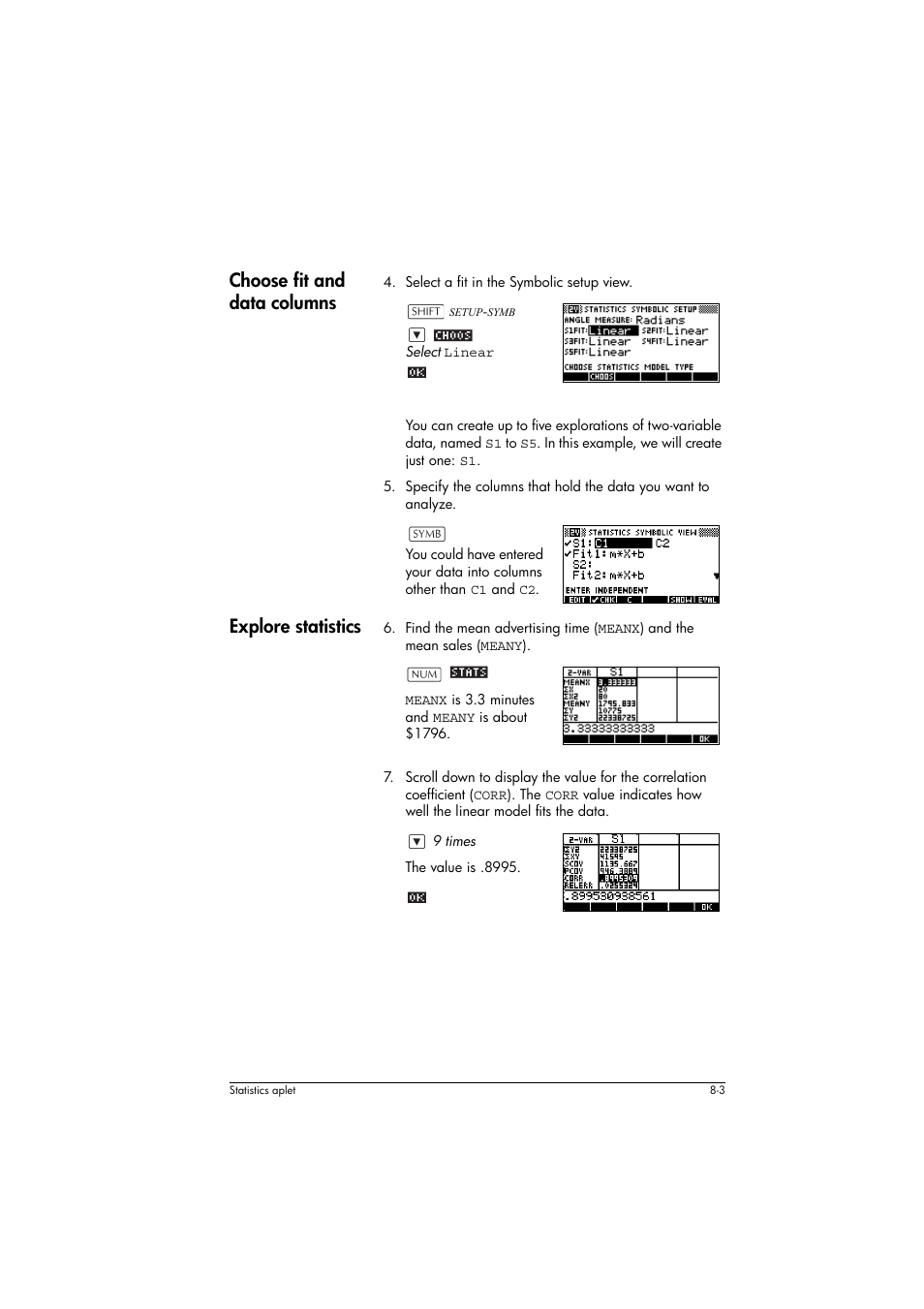 Choose fit and data columns, Explore statistics | HP 39g+ User Manual | Page 97 / 294