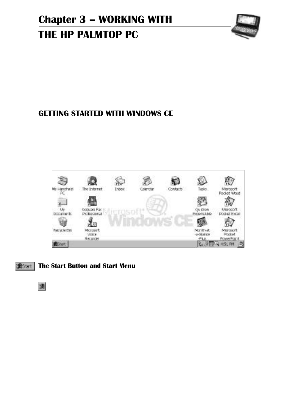 Chapter 3 – working with the hp palmtop pc, Getting started with windows ce | HP 660LX User Manual | Page 25 / 172