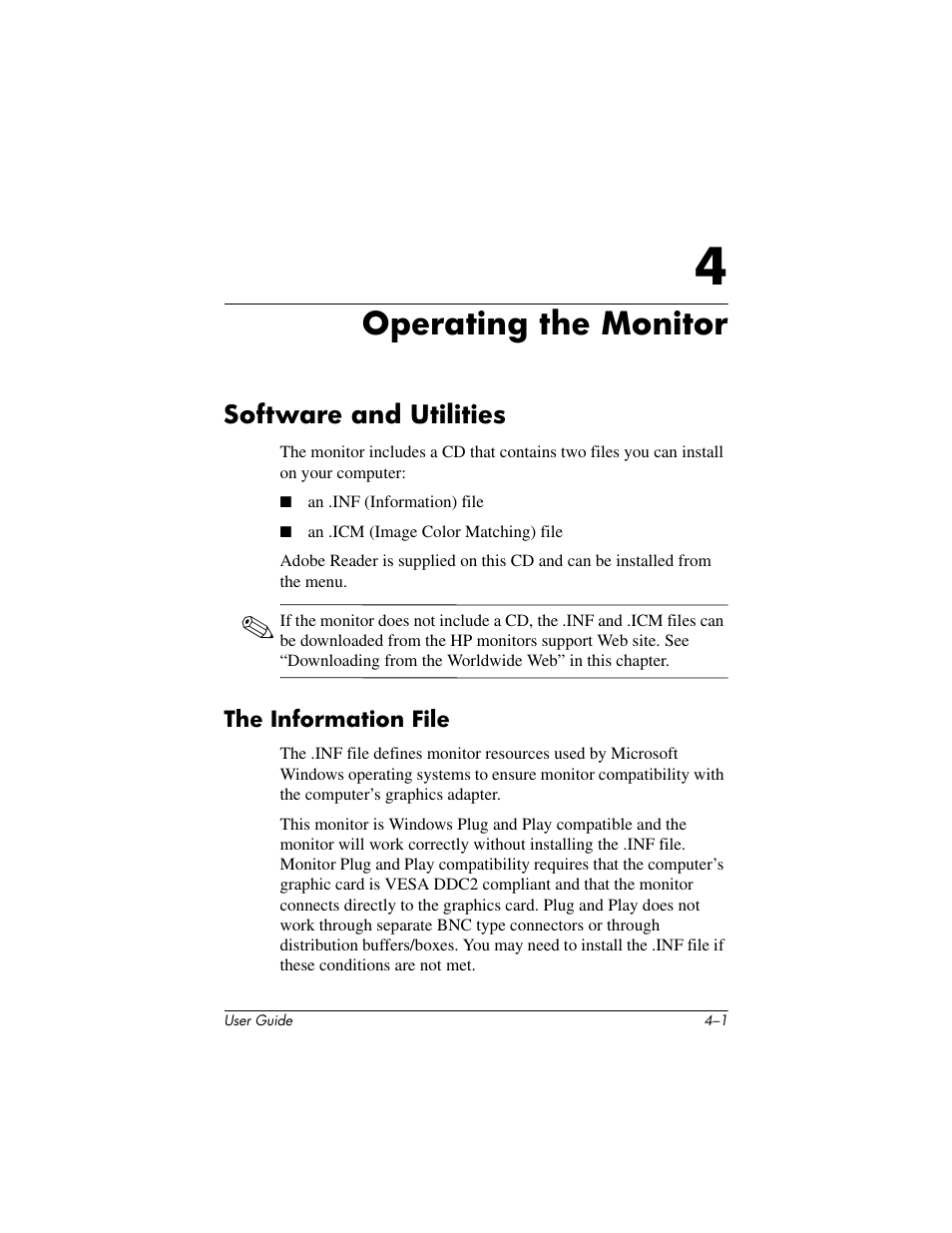 Operating the monitor, Software and utilities, The information file | 4 operating the monitor, Software and utilities –1, The information file –1 | HP 1906 User Manual | Page 23 / 60