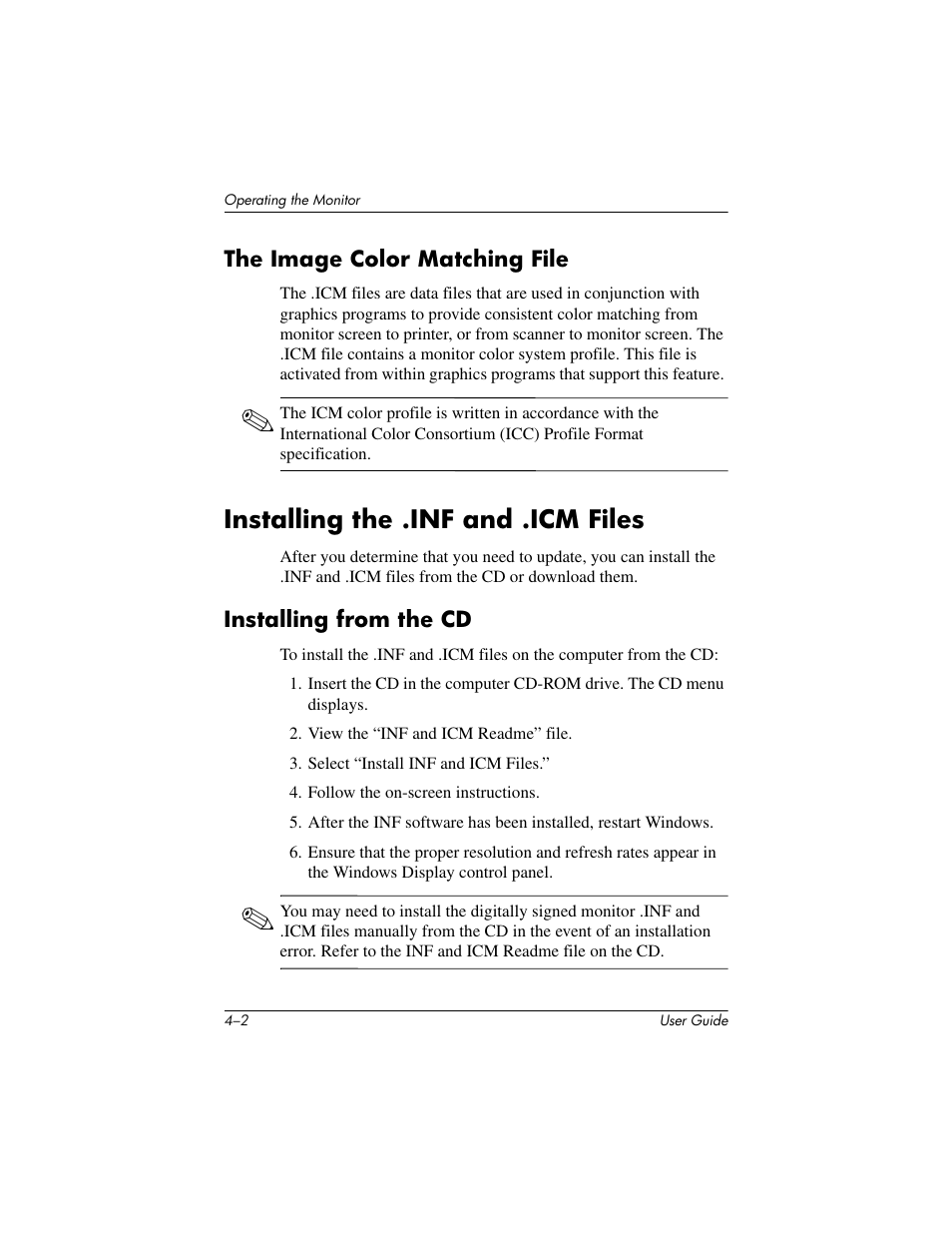 The image color matching file, Installing the .inf and .icm files, Installing from the cd | The image color matching file –2, Installing the .inf and .icm files –2, Installing from the cd –2 | HP 1906 User Manual | Page 24 / 60