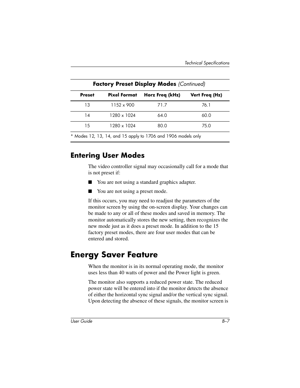 Entering user modes, Energy saver feature | HP 1906 User Manual | Page 51 / 60