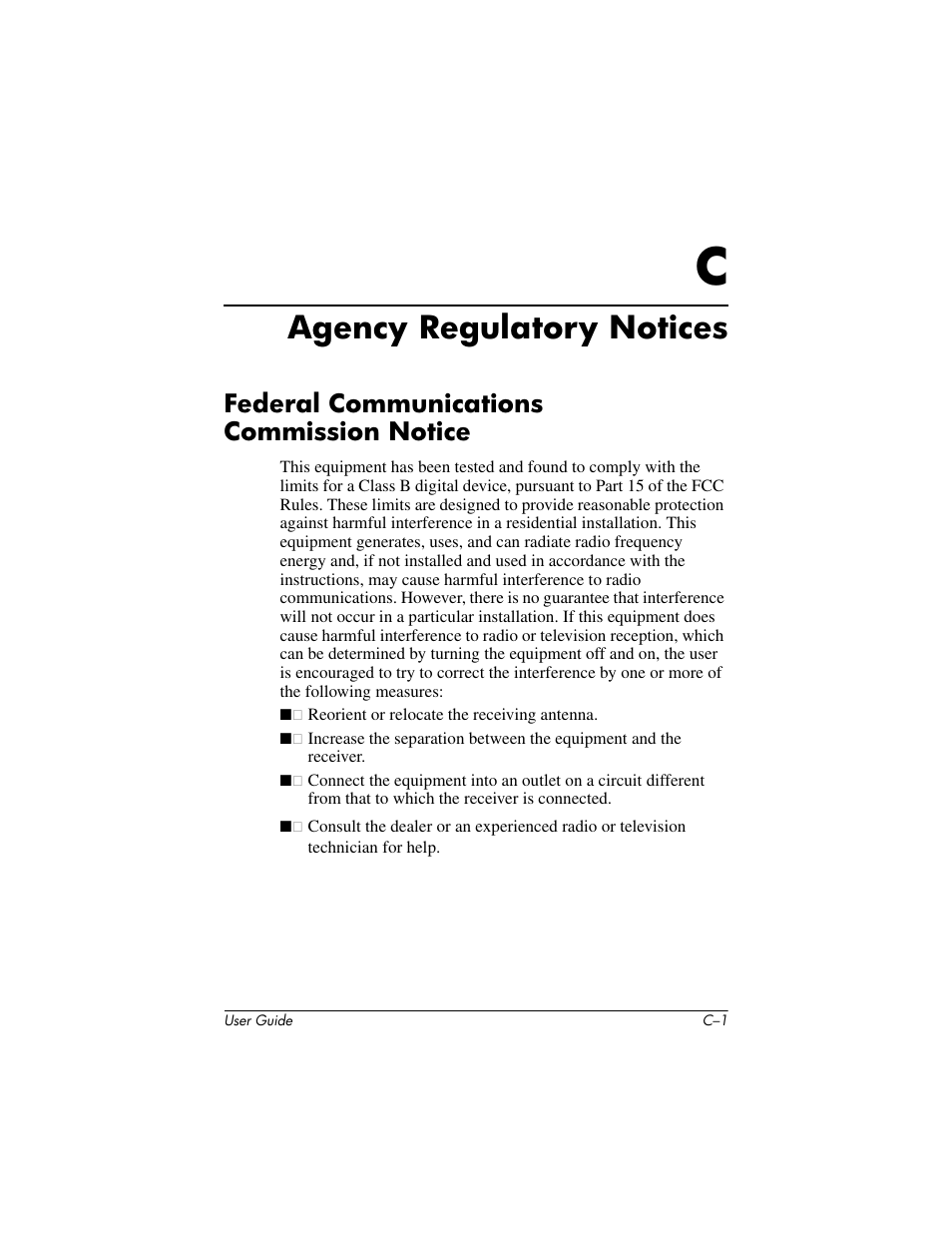 Agency regulatory notices, Federal communications commission notice, C agency regulatory notices | HP 1906 User Manual | Page 53 / 60