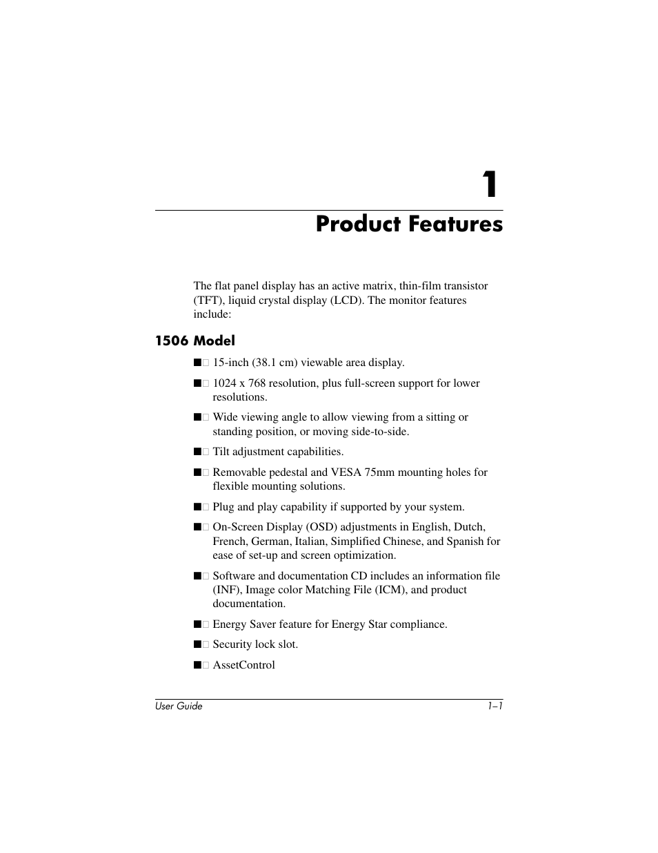 Product features, 1 product features | HP 1906 User Manual | Page 7 / 60