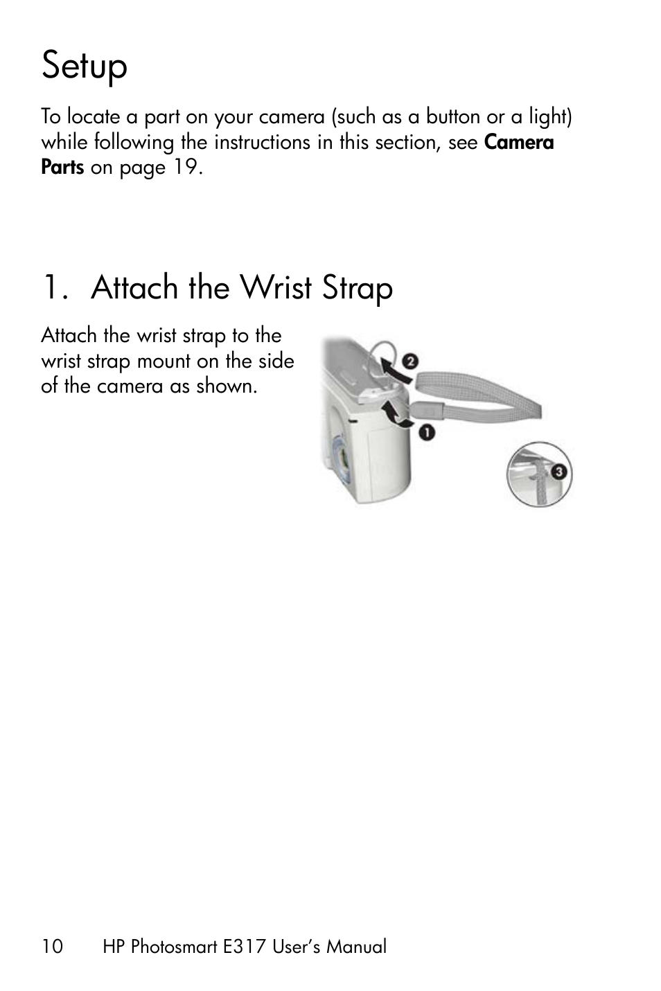 Setup, Attach the wrist strap, 1 attach the wrist strap | HP Photosmart E317 User Manual | Page 10 / 138