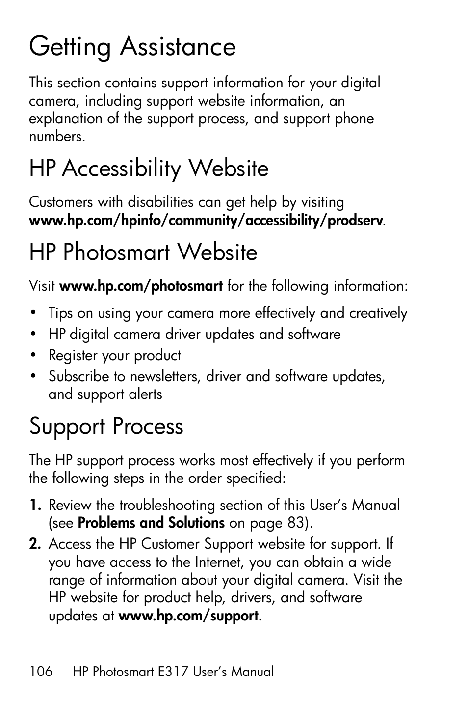 Getting assistance, Hp accessibility website, Hp photosmart website | Support process | HP Photosmart E317 User Manual | Page 106 / 138