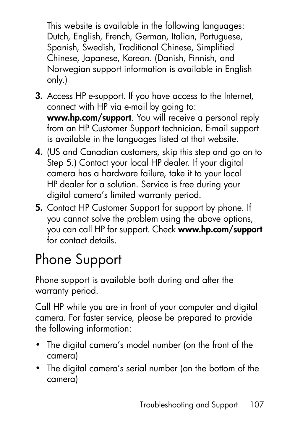 Phone support | HP Photosmart E317 User Manual | Page 107 / 138