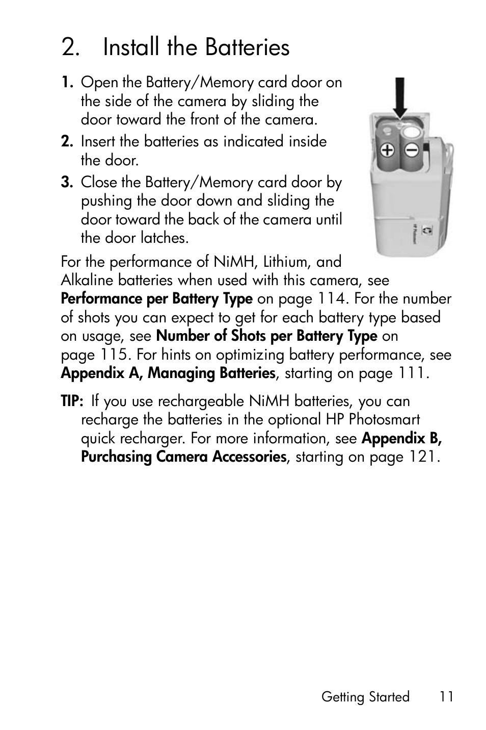 Install the batteries, 2 install the batteries | HP Photosmart E317 User Manual | Page 11 / 138