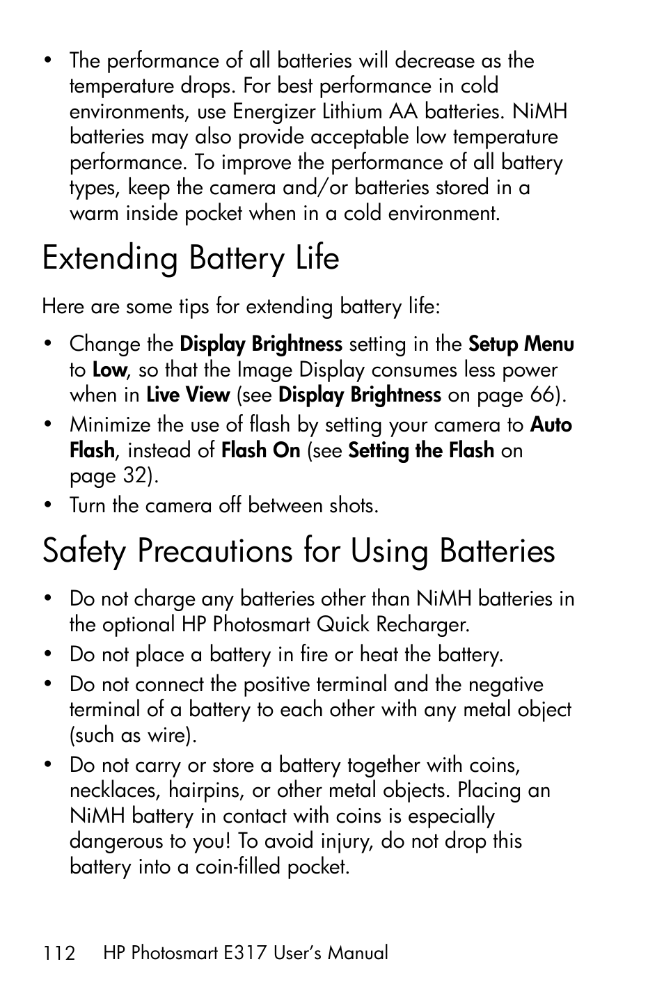 Extending battery life, Safety precautions for using batteries, Extending battery life on | HP Photosmart E317 User Manual | Page 112 / 138