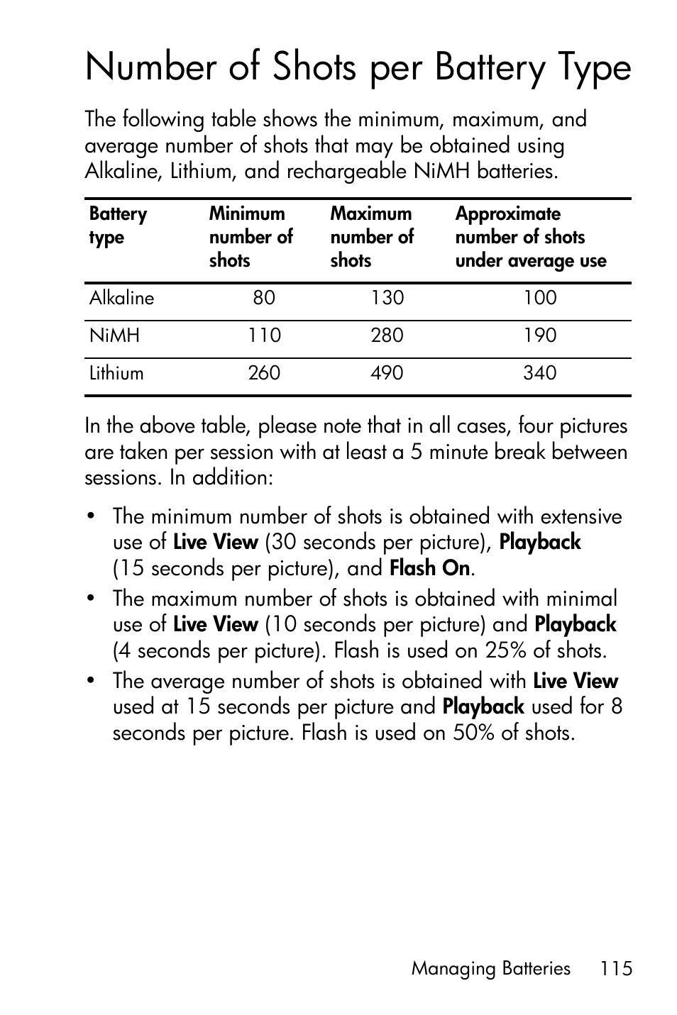 Number of shots per battery type, Number of shots per battery type on | HP Photosmart E317 User Manual | Page 115 / 138