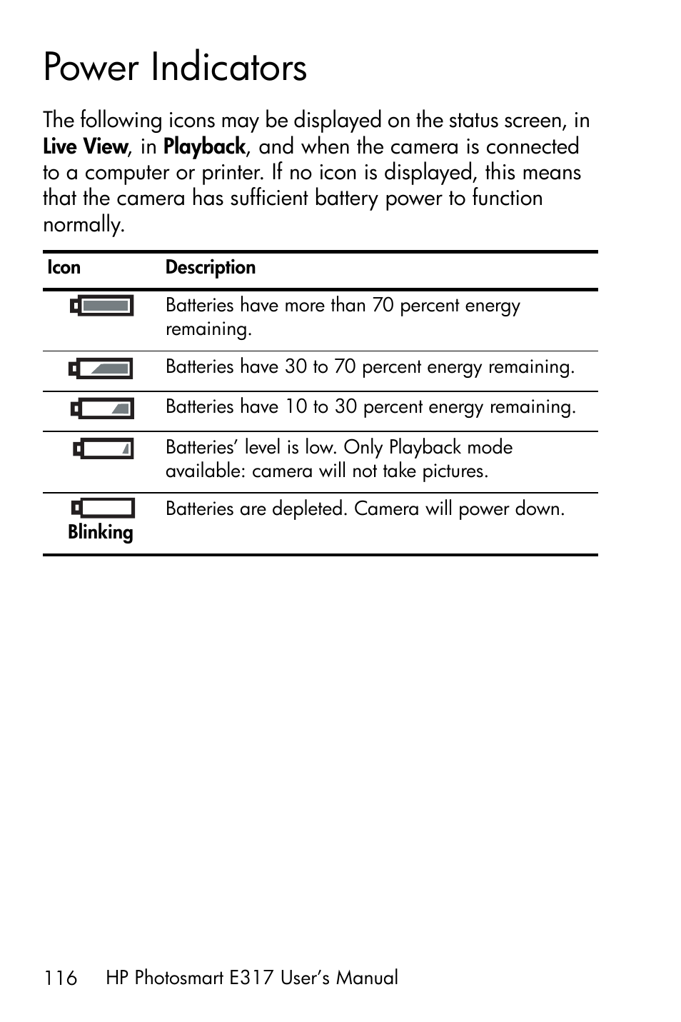 Power indicators | HP Photosmart E317 User Manual | Page 116 / 138