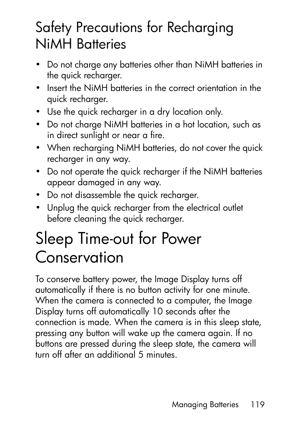 Safety precautions for recharging nimh batteries, Sleep time-out for power conservation, Safety precautions for recharging | Nimh batteries | HP Photosmart E317 User Manual | Page 119 / 138