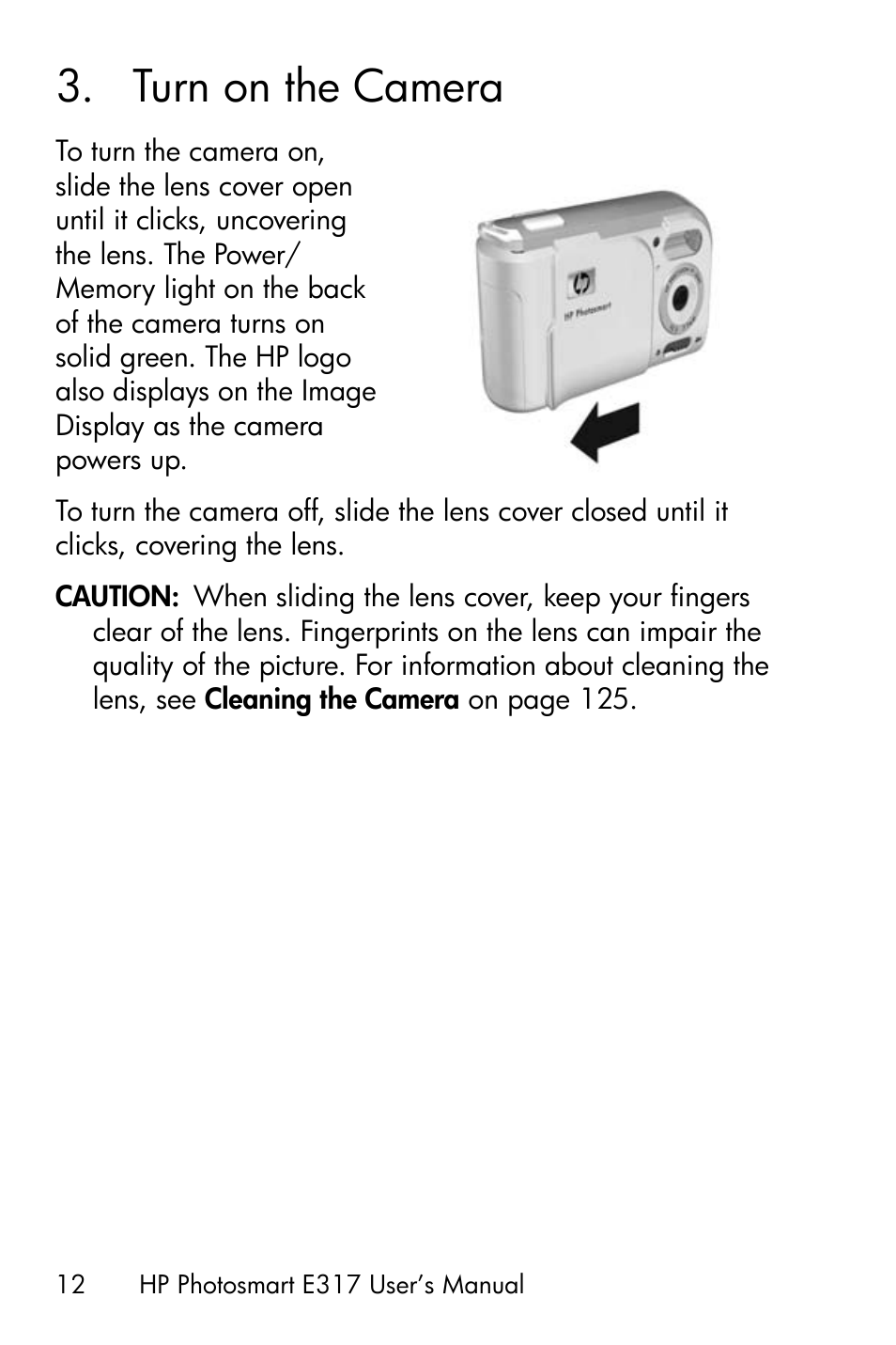 Turn on the camera, 3 turn on the camera | HP Photosmart E317 User Manual | Page 12 / 138