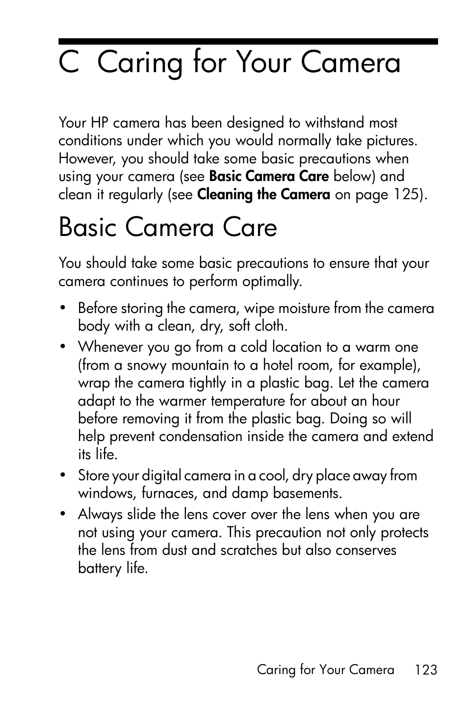 Caring for your camera, Basic camera care, C caring for your camera | HP Photosmart E317 User Manual | Page 123 / 138