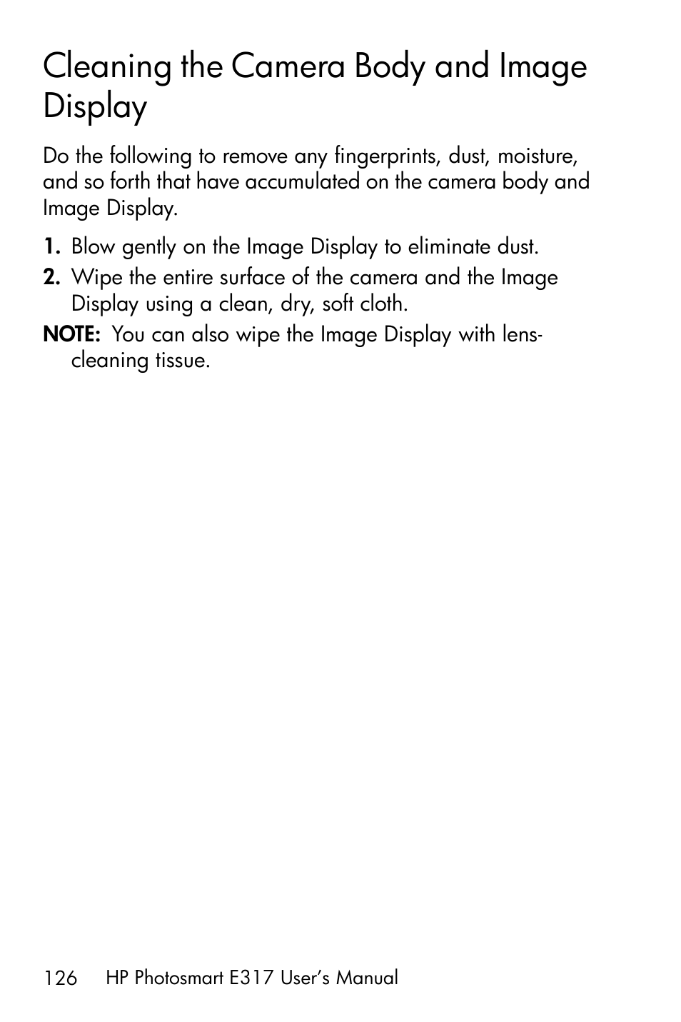 Cleaning the camera body and image display, Cleaning the camera body and | HP Photosmart E317 User Manual | Page 126 / 138
